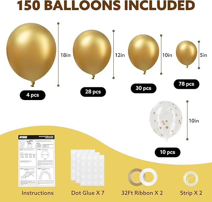 JOYIN 150 Pcs Metallic Gold Balloons, Different Sizes 18 12 10 5 Inch Gold Latex Balloon Arch Kit with Instruction for Birthday Decoration Party Graduation Wedding Holiday-BubblyBeeBaby