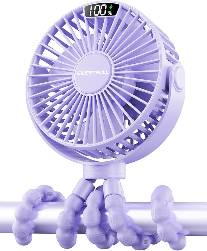 SWEETFULL Portable Stroller Fan with Display 4000mAh Battery Powered Mini Clip On Fan, 4-Speed Rechargeable Small Personal Cooling for Baby Car Seat Crib Travel - Purple-BubblyBeeBaby