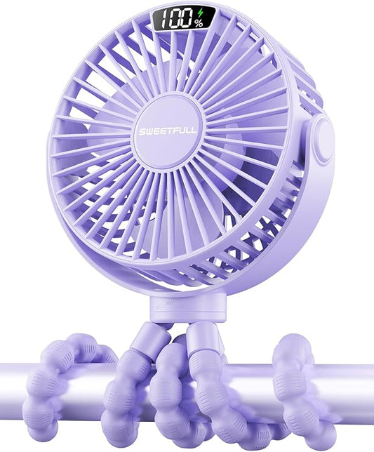 SWEETFULL Portable Stroller Fan with Display 4000mAh Battery Powered Mini Clip On Fan, 4-Speed Rechargeable Small Personal Cooling for Baby Car Seat Crib Travel - Purple-BubblyBeeBaby