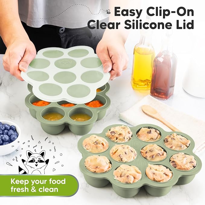KeaBabies Silicone Food Freezer Trays with Lid, 2oz x 10 Pods Baby Food Storage Containers, Easy Puree Meal Prep, Breast Milk Silicone Freezer Molds, Dishwasher, Microwave Safe, BPA-Free (Sage)-BubblyBeeBaby