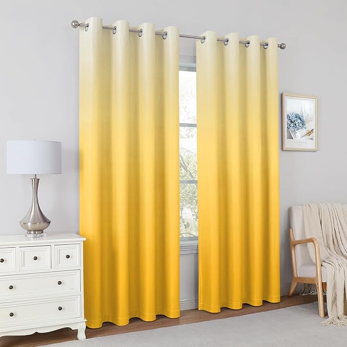HOMEIDEAS Mustard Yellow Ombre Blackout Curtains 52 X 84 Inch Length Gradient Room Darkening Thermal Insulated Energy Saving Grommet 2 Panels Window Drapes for Living Room, Bedroom-BubblyBeeBaby