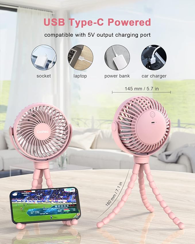 Stroller Fan Clip on for Baby, 4000mAh Rechargeable Battery Operated, Flexible Tripod, 3 Wind Speed, 360° Rotatable, Small Portable Fan for Car Seat Crib Backseat Beach Travel Camping, Pink-BubblyBeeBaby