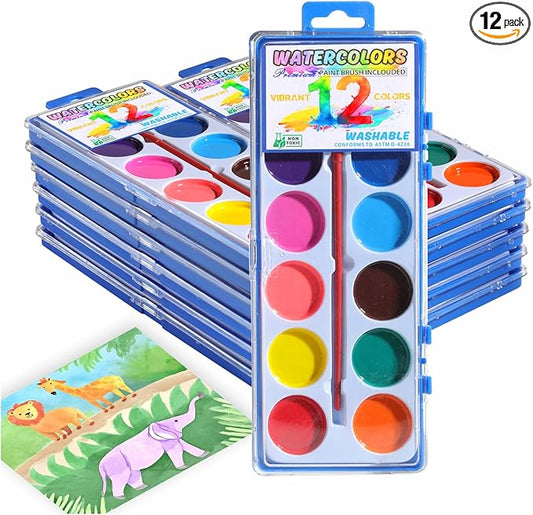 12 Packs Watercolor Paint Set Bulk, 12 Vibrant Colors Washable Watercolors with Brushes for Kids, Art Activities Painting Supplies for School Classroom Home-BubblyBeeBaby