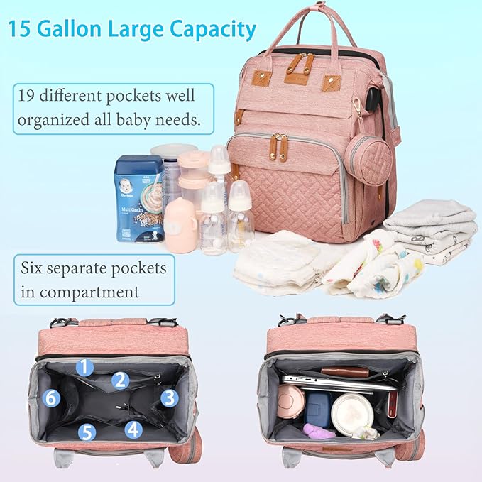 Jeryswet Baby Diaper Bags with Changing Station, Waterproof Large Capacity Diaper Bag Backpack for Moms Dads with USB Charging Port and Stroller Straps, Baby Shower Gifts, Pink-BubblyBeeBaby