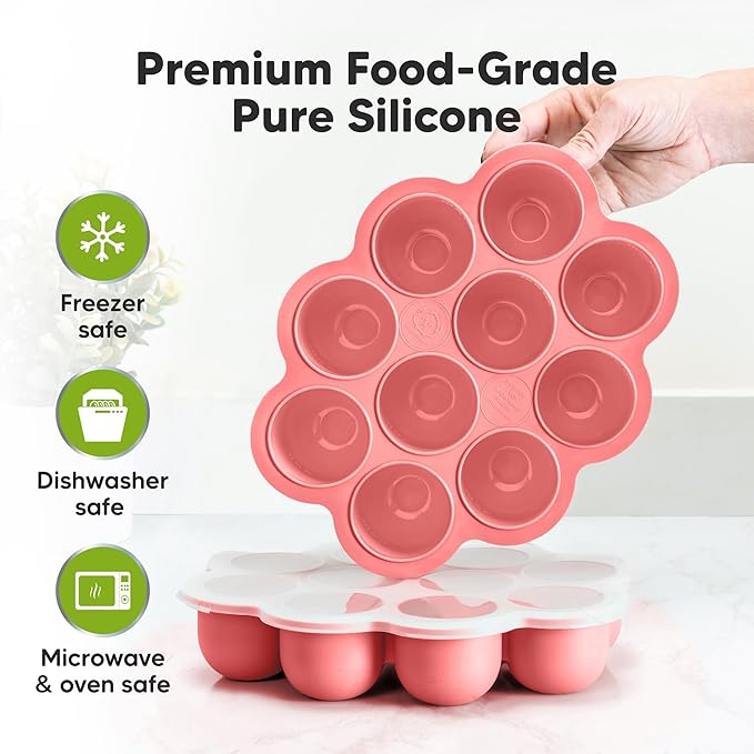 KeaBabies Silicone Food Freezer Trays with Lid, 2oz x 10 Pods Baby Food Storage Containers, Easy Puree Meal Prep, Breast Milk Silicone Freezer Molds, Dishwasher,Microwave Safe,BPA-Free(Blossom)-BubblyBeeBaby