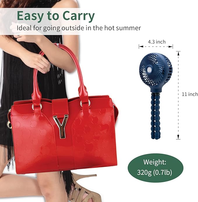 snawowo Mini Handheld Personal Portable Fan, Baby Stroller Fan, Car Seat USB or Battery Powered, with Flexible Tripod Clip on Student Bed Desk Bike Crib Treadmill Camping Traveling(Navy Blue)-BubblyBeeBaby