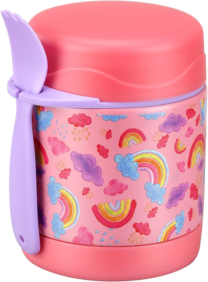 10oz Soup Thermo for Hot Food Kids,Lunch Thermo Kids Food Jar with Spoon Hot Insulated Food Containers,Leak Proof Stainless Steel Wide Mouth Lunch Food Thermo Jar for School(Pink-Rainbow)-BubblyBeeBaby