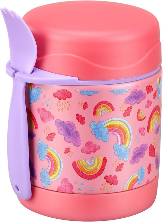 10oz Soup Thermo for Hot Food Kids,Lunch Thermo Kids Food Jar with Spoon Hot Insulated Food Containers,Leak Proof Stainless Steel Wide Mouth Lunch Food Thermo Jar for School(Pink-Rainbow)-BubblyBeeBaby