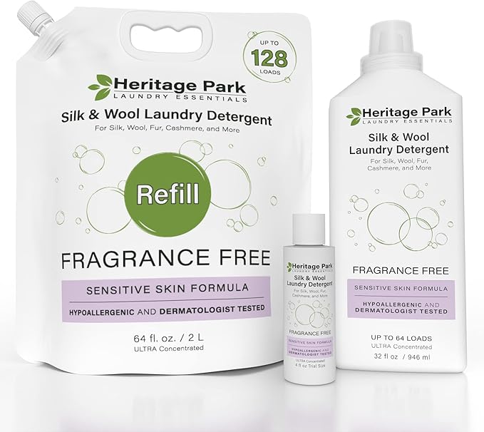 Heritage Park Silk & Wool Fragrance Free, Hypoallergenic, pH-Neutral Laundry Detergent - Dermatologist-tested, Sensitive Skin-Friendly, Enzyme-Free, Ultra Concentrated (64 fl oz Refill)-BubblyBeeBaby