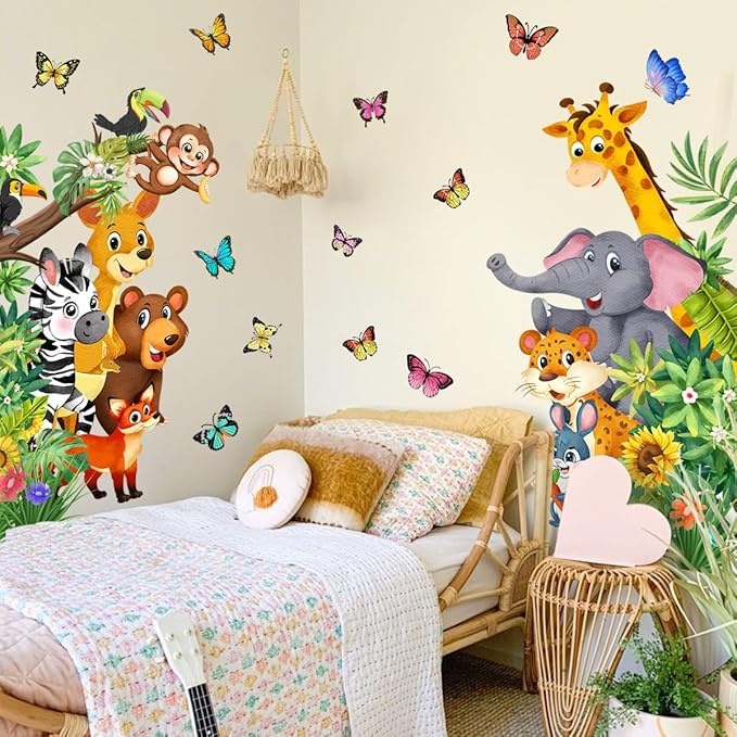 Jungle Animal Wall Decals, Cartoon Animal Sticker Safari Elephant Lion Monkey Wall Decals for Baby Room Playroom Bedroom Classroom Kindergarten Decor-BubblyBeeBaby