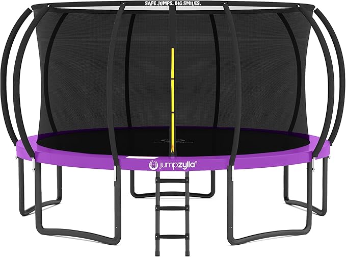 JUMPZYLLA Trampoline Outdoor 8FT 10FT 12FT 14FT 15FT 16FT with Enclosure and Ladder, ASTM Approved Recreational Trampoline for Kids and Adults, Anti-Rust Coated Frame-BubblyBeeBaby