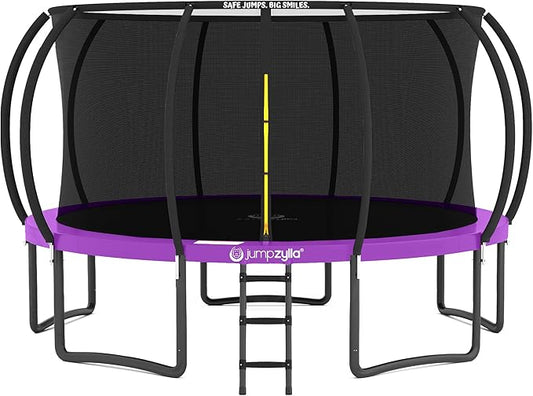 JUMPZYLLA Trampoline Outdoor 8FT 10FT 12FT 14FT 15FT 16FT with Enclosure and Ladder, ASTM Approved Recreational Trampoline for Kids and Adults, Anti-Rust Coated Frame-BubblyBeeBaby