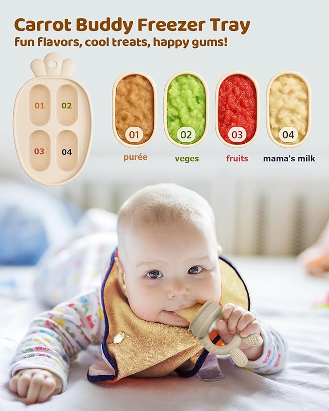 2 Packs Baby Fruit Feeder & Freezer Nibble Tray Combo, Push Pop Baby Food Feeder to Safely Introduce New Foods, Fresh & Frozen Food Silicone Feeder, 100% Food Grade, BPA Free (Caramel & Olive)-BubblyBeeBaby