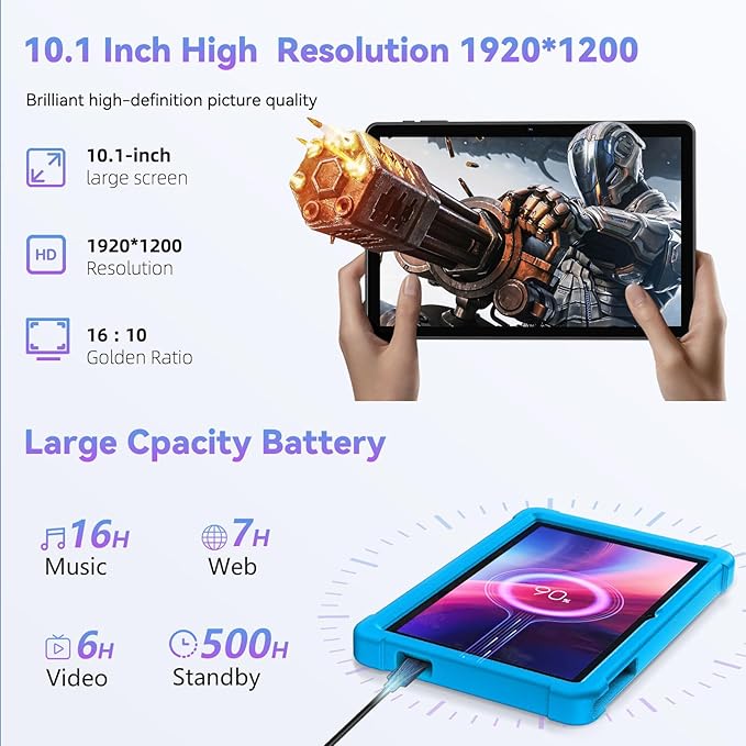 HUIHUANG Tablet 10 Inch Android 14 Tablet, 16GB RAM 128GB ROM, 1TB Expansion, Octa-core, Large Capacity Battery, 5MP + 8MP Dual Camera, 5G/2.4G WiFi, Bluetooth 5.0, GPS, Drop-Proof Case (Blue)-BubblyBeeBaby