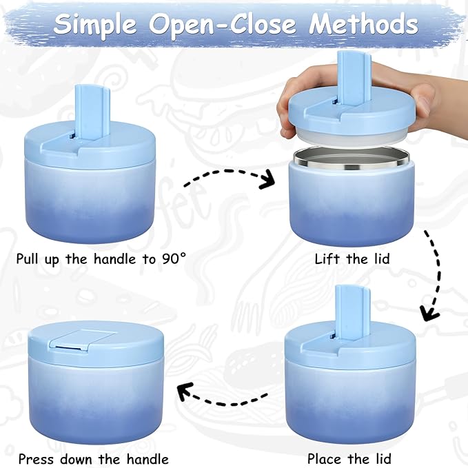 12oz Insulated Vacuum Food Jar with Buckle Lid Wide Mouth Soup Thermo for Hot Food Kids Leakproof Stainless Steel Lunch Container (Gradient Blue, 12OZ)-BubblyBeeBaby