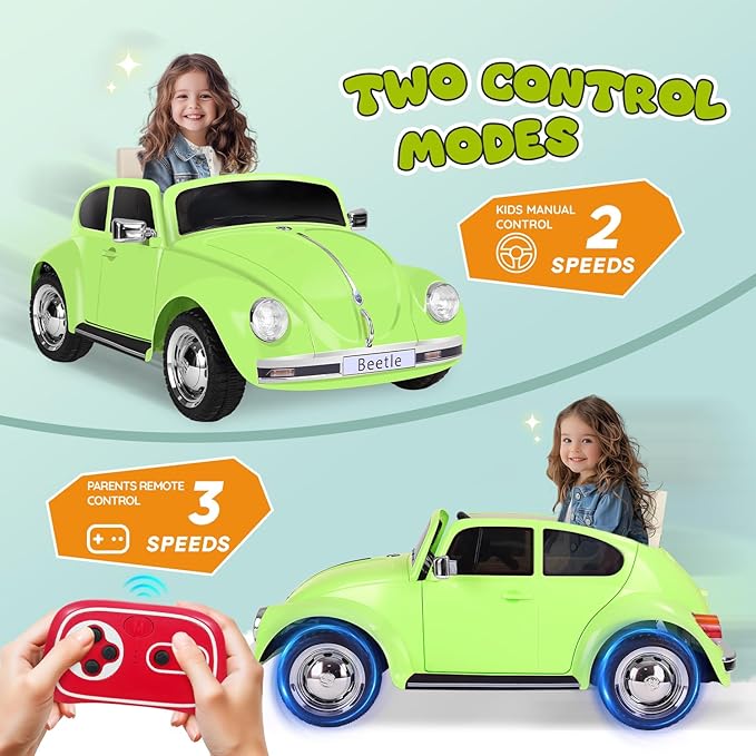 12V Kids Electric Car, Power Wheels with Remote Control, Ride on Car Toys with LED Light, 3 Speeds, Music, Green-BubblyBeeBaby