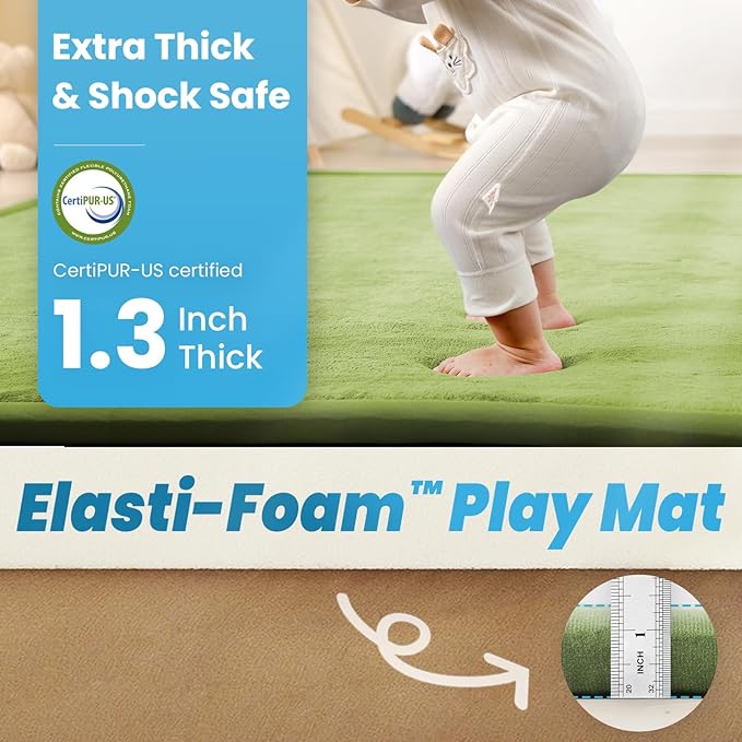 1.3" Thick Baby Play Mat for Floor, 39x59 Foam Tummy Time Mat, Padded Support Soft Plush Nursery Rug for Infant Kids Toddler Crawling Kick Activity (Olive Green)-BubblyBeeBaby