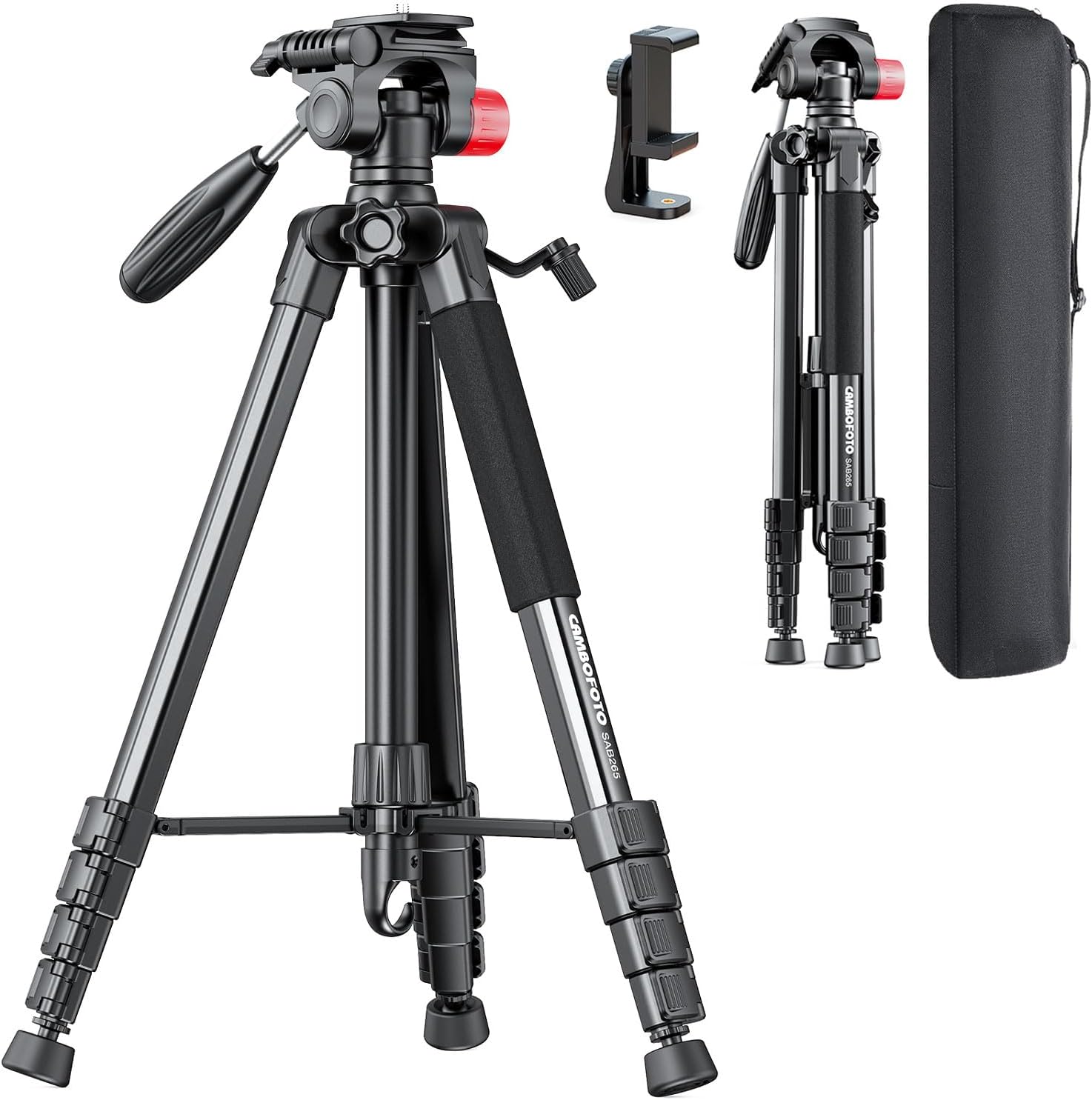74"-Camera-Tripod, Porfessional Aluminum Heavy Duty Tripod Stand for Mirrorless Camera/DSLR/Cell Phone/Camcorder, with Holder and Travel Bag