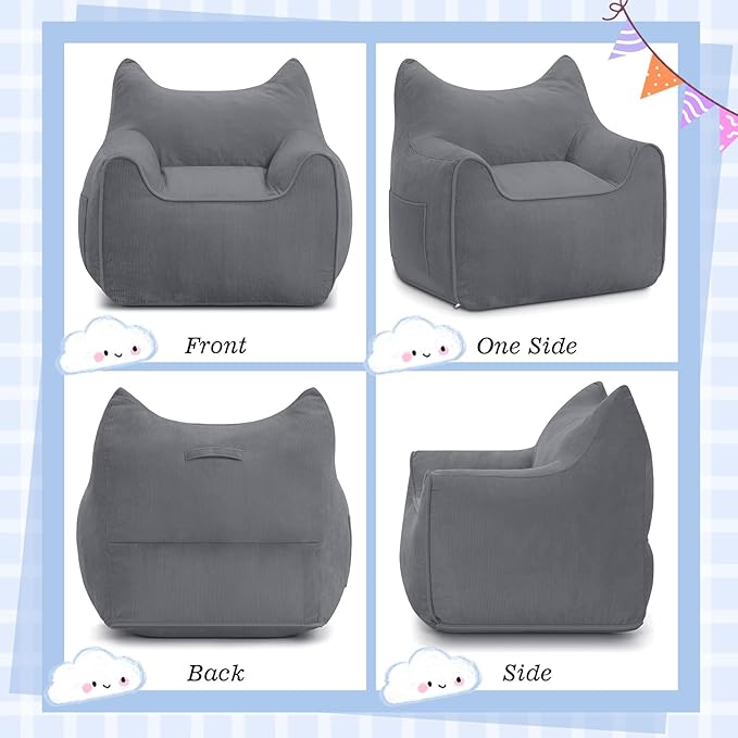 HOMMPA Bean Bag Chair for Kids Stuffed Toddler Bean Bag Sofa with Pocket Filler Cat Shaped Bean Bag Chair Boys and Girls Baby Lazy Floor Sofa Chair for Gaming Reading Playing Grey-BubblyBeeBaby