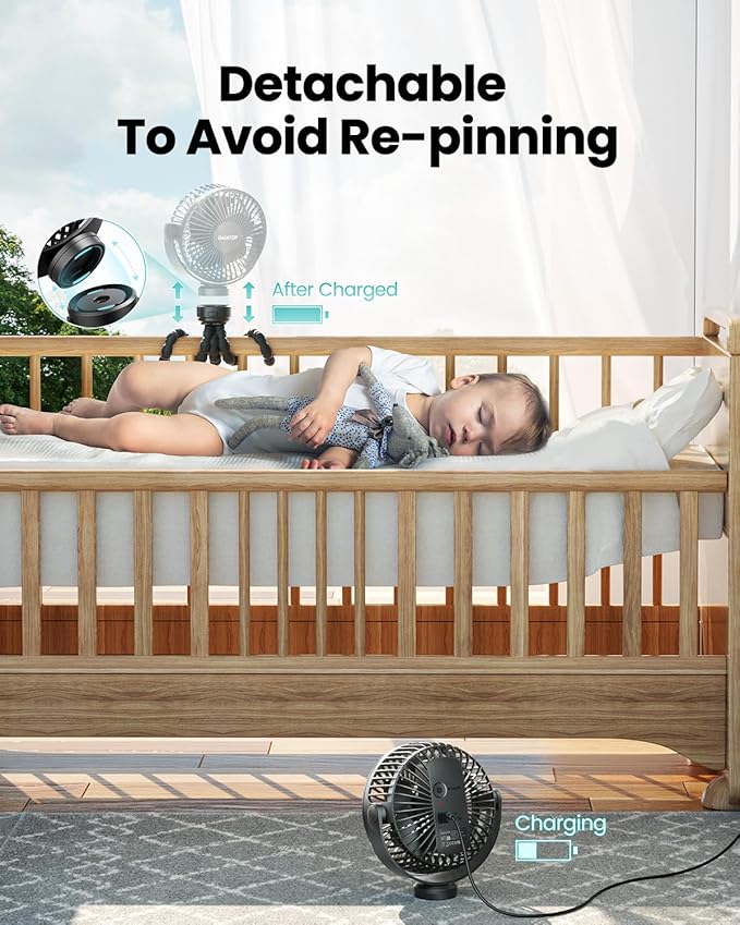 Gaiatop Mini Portable Stroller Fan, Battery Operated Small Clip on, Detachable 3 Speed Rechargeable, 360° Rotate Flexible Tripod Better Cooling for Car Seat Crib Treadmill Travel Black-BubblyBeeBaby