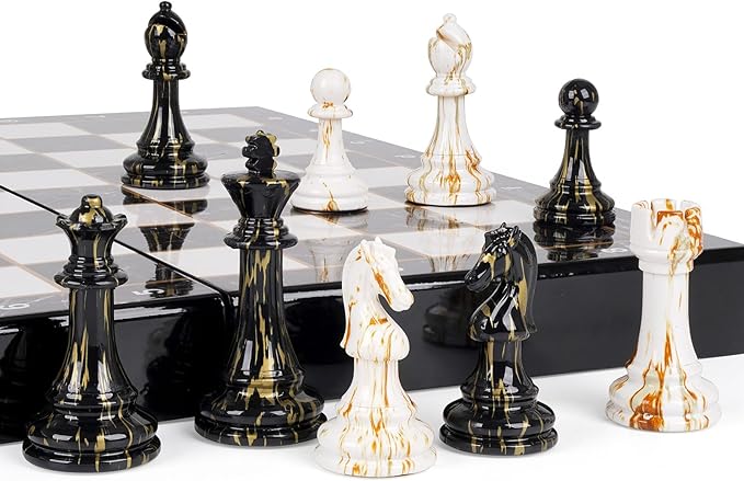 15" Large Chess Set for Adults with Weighted Acrylic Chess Pieces 3.5" King & Portable Folding Marbling Wooden Chess Board Travel Chess Sets Family Board Game Gift – Elegant Classic Chess Game-BubblyBeeBaby