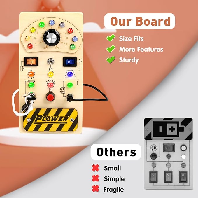 Joyreal Toddler Busy Board, Wooden Montessori Busy Board Sensory Board with LED Light Switch, Sensory Toys Baby Fidget Board Travel Toys for Toddler-BubblyBeeBaby