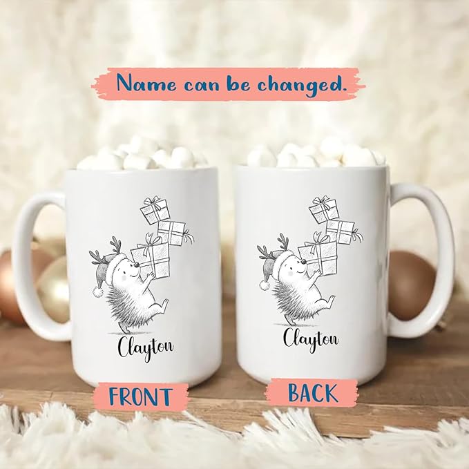 Hedgehog White Ceramic Coffee Mug, Personalized Hedgehog Accent Coffee Cup Gift For Dad Mom Daughter Son Kids, Funny Animal Travel Mug 11 Oz 15 Oz, Custom Name Hedgehogs Teacup Gift For Birthday Xmas-BubblyBeeBaby