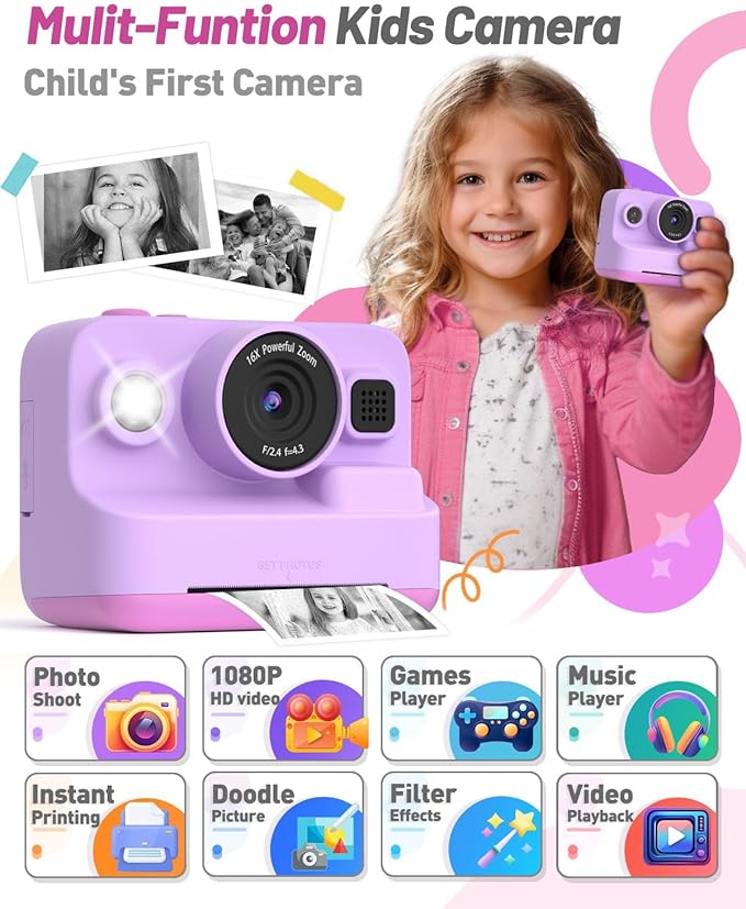 Instant Print Camera for Kids, Christmas Birthday Gifts for 3-12 Year Old Girls Boys, 2.4in Screen 1080P Video Digital Camera Toys for Kids Age 4 5 6 7 8 9 10 with 3 Rolls Print Paper 32G Card-BubblyBeeBaby