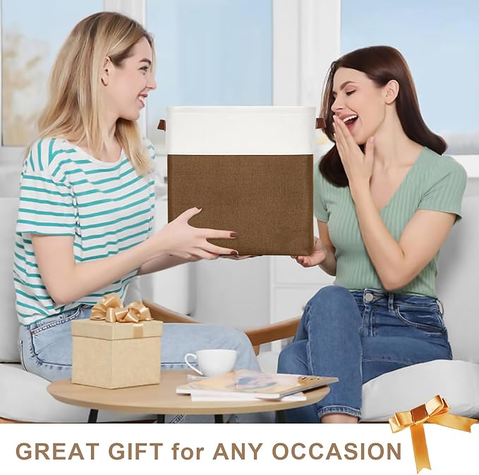 13x13 Cube Storage Bins, Collapsible Fabric Storage Box, 4 Pack Closet Baskets with Handles for Organizing, Shelf, Toys, Clothes, Home, Office, Nursery (Brown&White)-BubblyBeeBaby