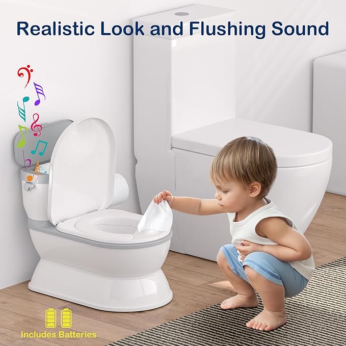 2-in-1 Toddler Potty Training Toilet - Larger Potty Chair & Detachable Training Seat for Boys & Girls Ages 1-3 with Flushing Sound, Wipes Storage, Toilet Paper Holder - Grey-BubblyBeeBaby