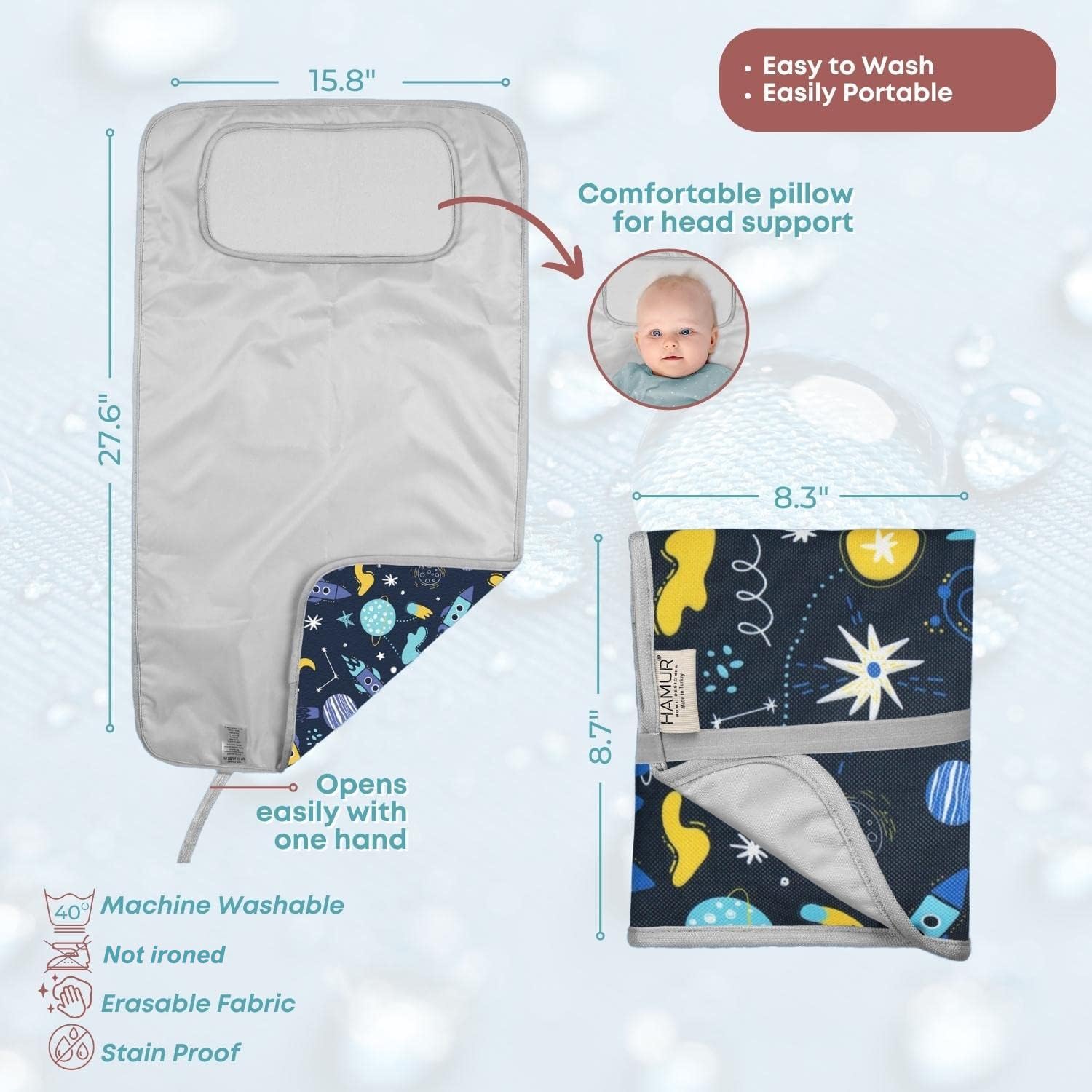 HAMUR HOME Portable Baby Changing Pad – Waterproof, Foldable & Lightweight Travel Mat – Soft & Machine Washable Diaper Changer – Compact & Durable (Space)