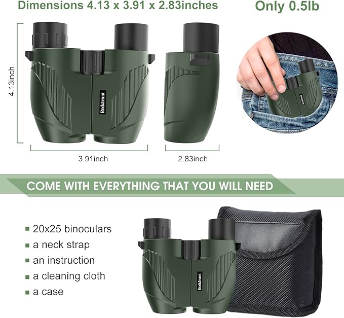 20X25 Compact Binoculars for Adults and Kids,Large Eyepiece Waterproof Binocular，Easy Focus Small Binoculars for Bird Watching,Hiking and Concert, Green-BubblyBeeBaby