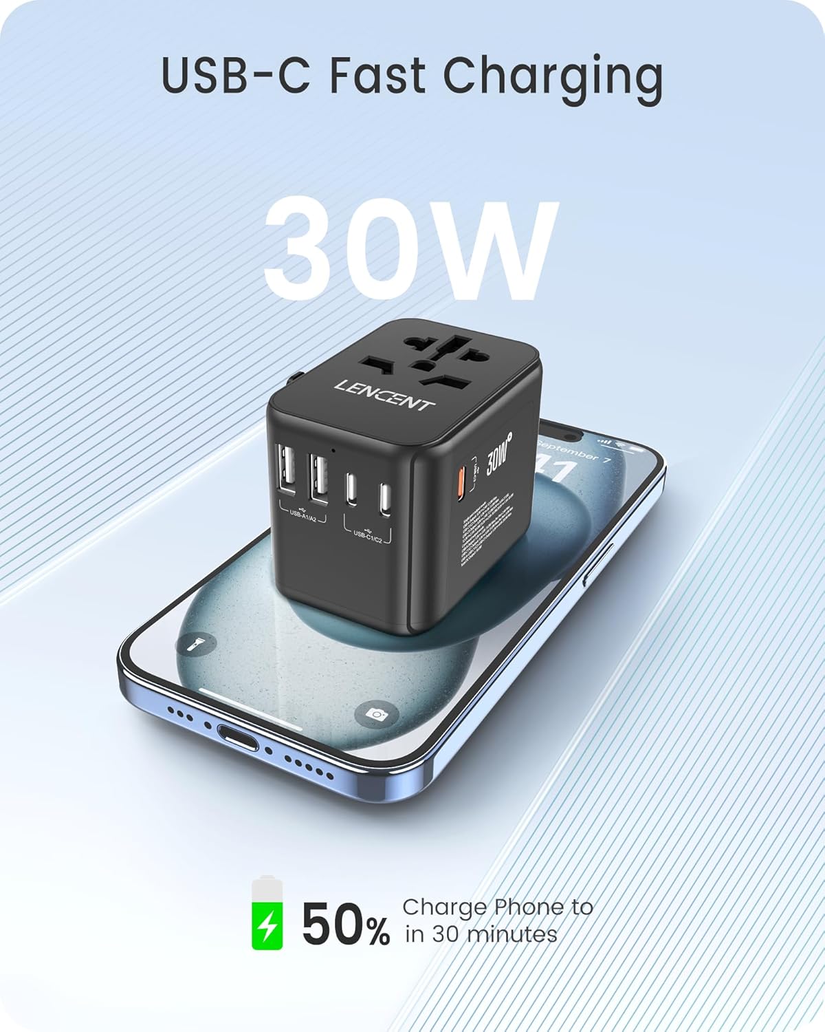 LENCENT Universal Travel Adapter, GaN III 30W International Charger with 2 USB Ports & 3 USB-C PD Fast Charging Adaptor, Worldwide Wall Charger for iPhone,Laptops, Type A/C/G/I (USA/UK/EU/AUS)