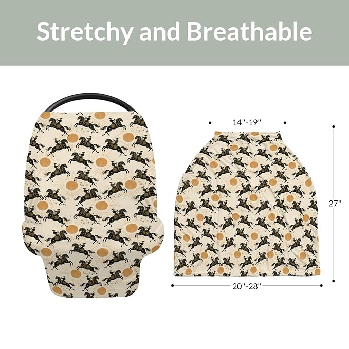 Western Cowboys Sunshine Baby Car Seat Covers Cowboy Horse Sun Stretchy 5-in-1 Cover Adjustable Car Canopy Breastfeeding Cover Wild West Desert Breathable Nursing Cover-Up-BubblyBeeBaby