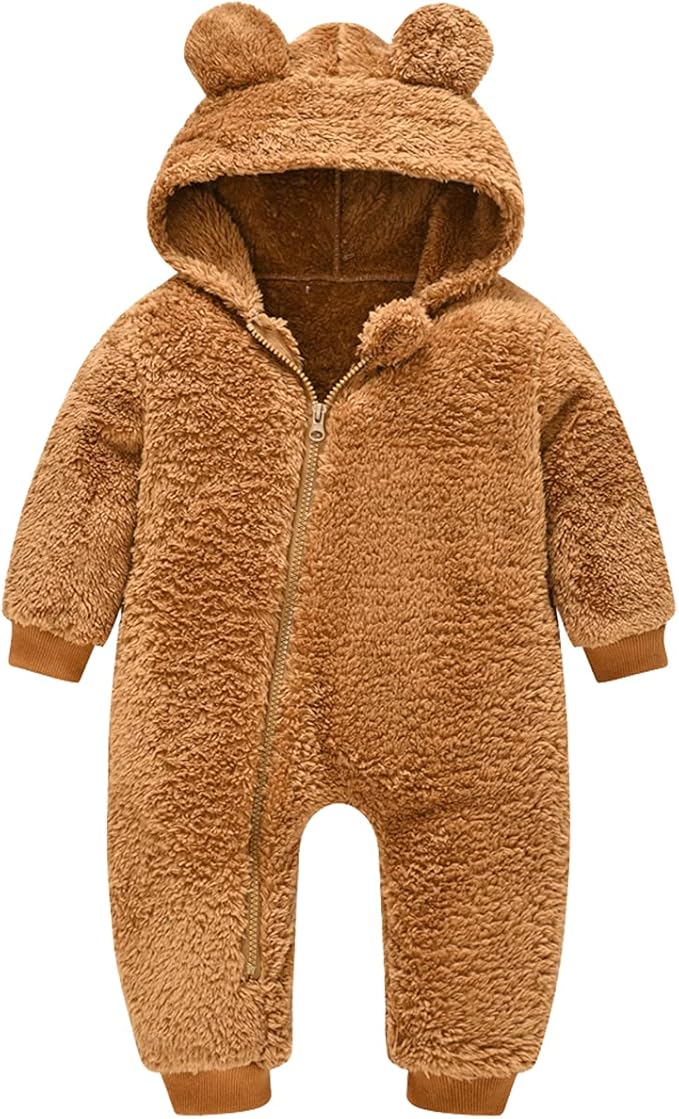 Baby Fleece Jumpsuits Infant Bear Ear Snowsuit Newborn Hooded Romper Warm Coat-BubblyBeeBaby