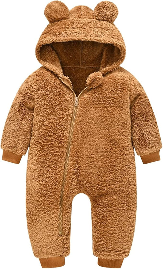 Baby Fleece Jumpsuits Infant Bear Ear Snowsuit Newborn Hooded Romper Warm Coat-BubblyBeeBaby