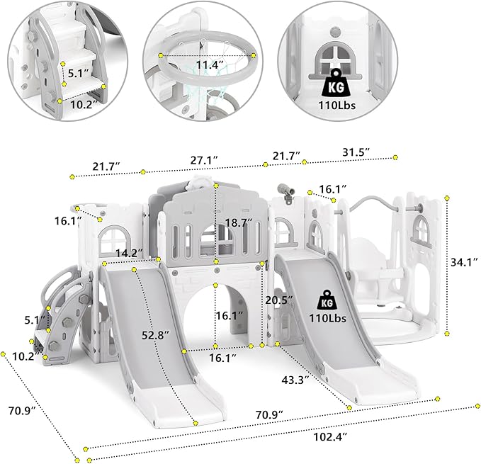 JOYLDIAS 10 in 1 Toddler Slide, Double Kid Climber Slide Playset w/Swing, Basketball Hoop, Telescope, Tunnel, Storage Space and Non-Slip Steps, Indoor Outdoor Backyard Playground Toy for Toddlers-BubblyBeeBaby