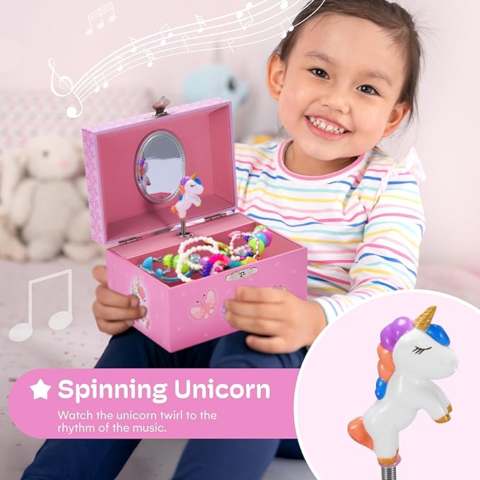 Jewelkeeper Unicorn and Butterfly Themed Jewellery Box Pink for Girls - Wooden Jewelry Box with Velvet Lining for Little Girl's Necklaces and Accessories - Spinning Unicorn Doll, Toys for Girls-BubblyBeeBaby