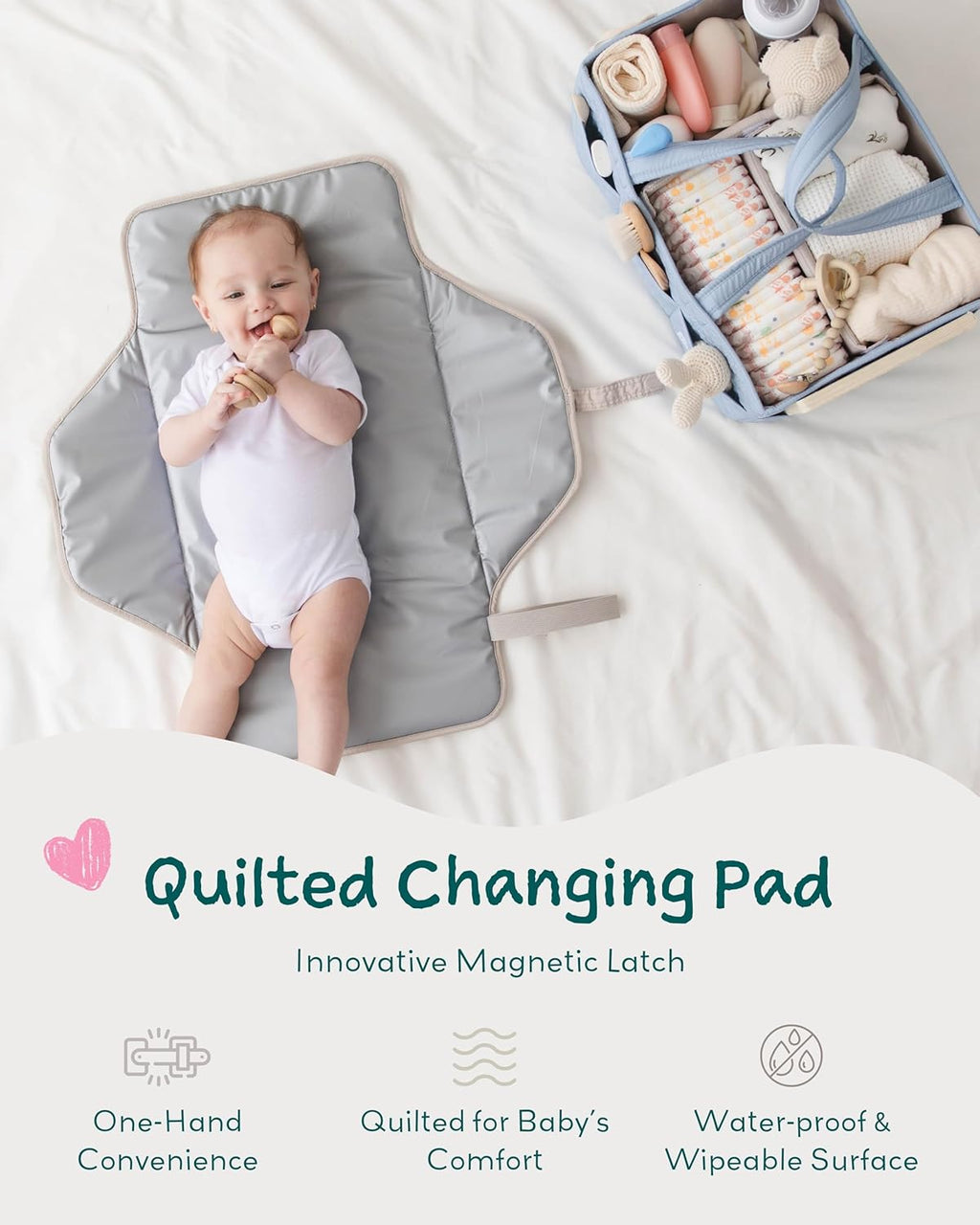 Lily Miles Baby Changing Pad Portable, Diaper Changing Mat with Magnetic Latches, Travel Pad for Diaper Bag, Baby Essentials, Wipeable & Waterproof Mat (Soft Sand, Large)