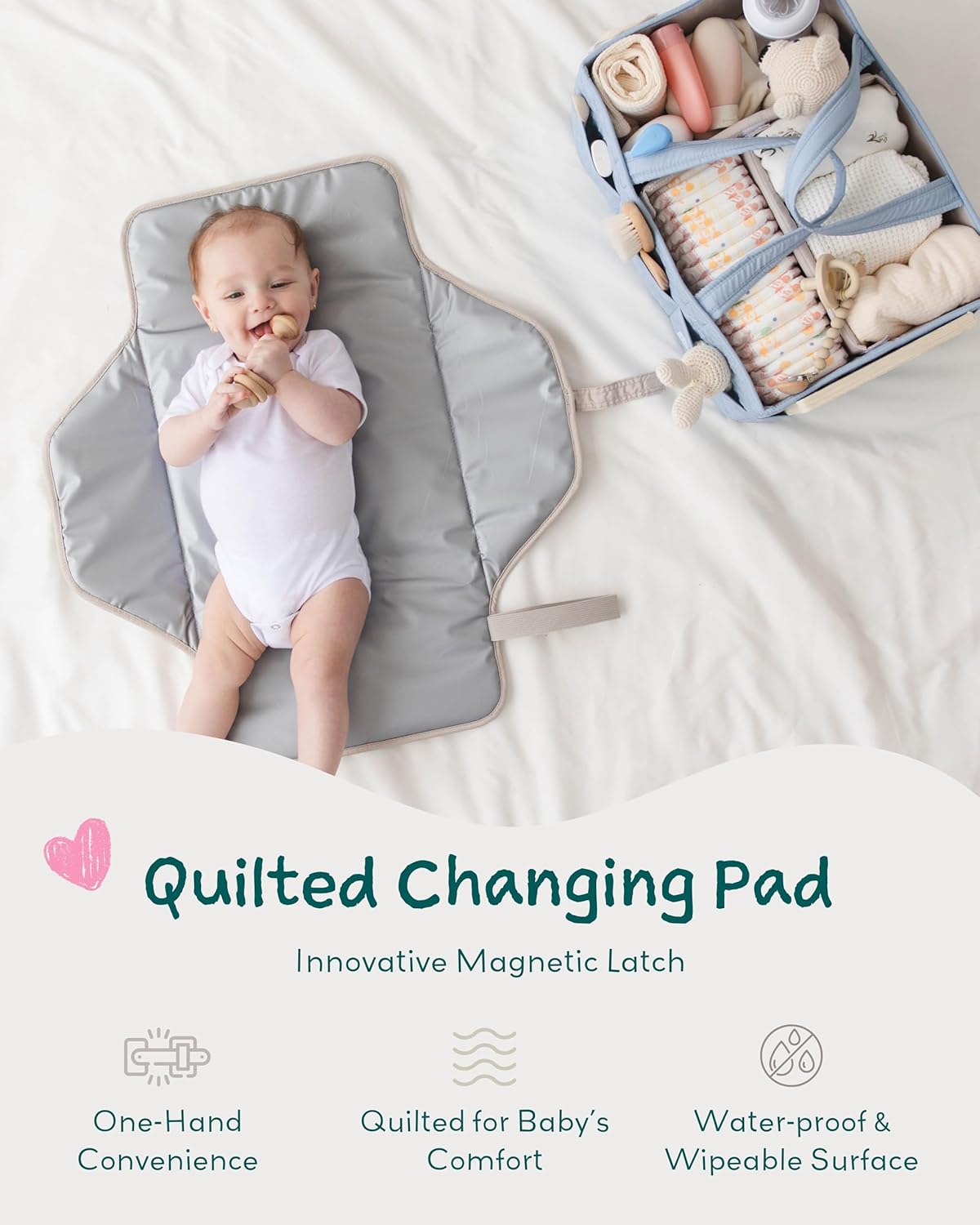 Lily Miles Baby Changing Pad Portable, Diaper Changing Mat with Magnetic Latches, Travel Pad for Diaper Bag, Baby Essentials, Wipeable & Waterproof Mat (Soft Sand, Large)