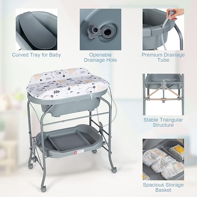 HONEY JOY Baby Changing Table with Bathtub, Foldable Infant Diaper Changing Station with Wheels, Storage Tray, Waterproof Pad, Portable Newborn Nursery Organizer Bath Stand for Boys Girls (Gray)-BubblyBeeBaby