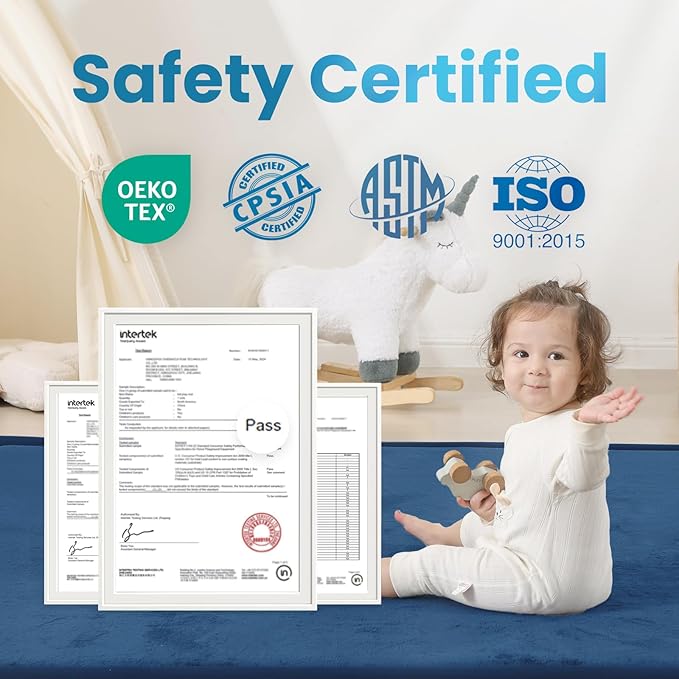 1.3" Thick Baby Play Mat for Floor Playpen, 71x79 Large Foam Tummy Time Mat, Padded Support Soft Plush Nursery Rug for Infant Kids Toddler Crawling Kick Activity (Royal Blue)-BubblyBeeBaby