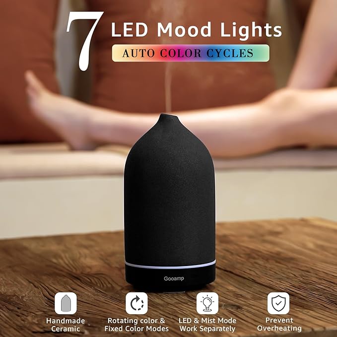 200ML Ceramic Essential Oil Diffuser - Ultrasonic Aromatherapy & Humidifier with 7-Color LED Lights, Auto Shut-Off, Black, 1H/3H/6H Timer | Scent for Home, Office, Yoga-BubblyBeeBaby