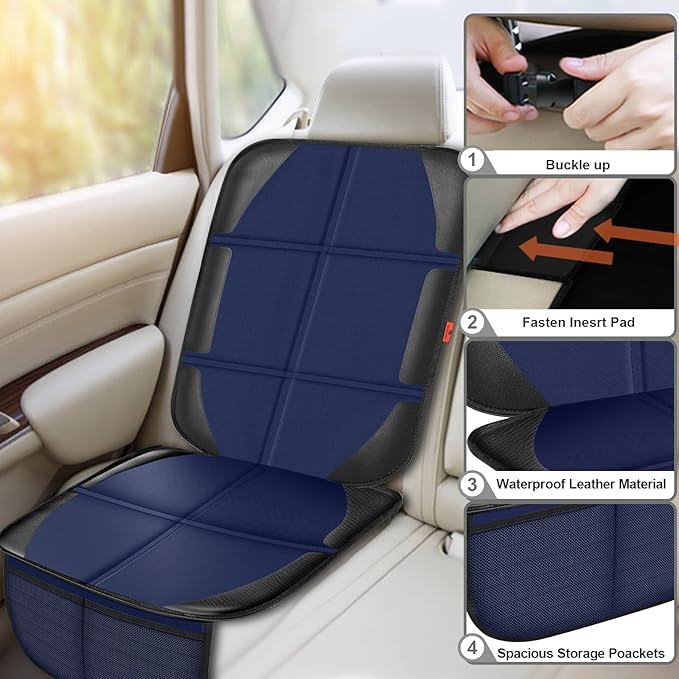 Car Seat Protector,2 Pack Automotive Seat Protectors Baby Carseat Pad Waterproof & Durable 600D Fabric for Child Baby Car Seat Mat Vehicle Pet Cover 2 Storage Pockets (Blue)-BubblyBeeBaby
