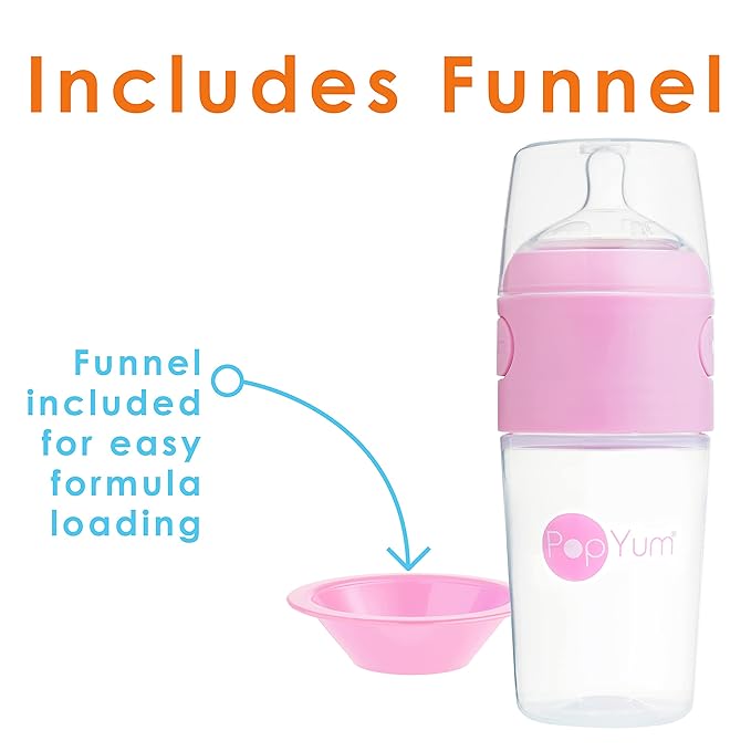 PopYum 9 oz Pink Anti-Colic Formula Making/Mixing/Dispenser Baby Bottles, 2-Pack with #2 Medium Flow Nipples, 260 ml, BPA-Free, Natural Latch-BubblyBeeBaby