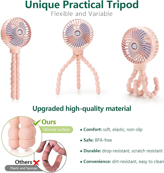 snawowo Mini Handheld Personal Portable Fan, Baby Stroller Fan, Car Seat USB or Battery Powered, with Flexible Tripod Clip on Student Bed Desk Bike Crib Treadmill Camping Traveling(Pink)-BubblyBeeBaby