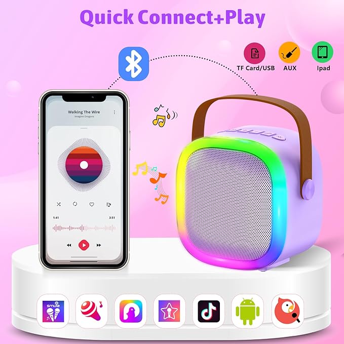 Karaoke Machine for Kids Adults, Portable Bluetooth Speaker with 2 Wireless Microphones and LED Lights, Kids Toys Birthday Gifts for Girls and Boys Ages 4, 5, 6, 7, 8,9,10,11,12+ Years, Home Party-BubblyBeeBaby