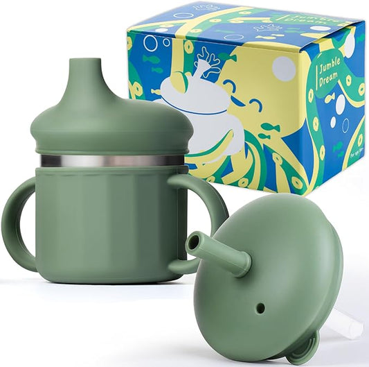 Jumble Dream Baby & Toddler Stainless Steel Sippy Cup Silicon Training Stainless Steel Kids Cups with Straw, Babies Tumbler with Straw No Spill | 6-24 Month Toddler Sippy Cup (Sage Breeze)-BubblyBeeBaby
