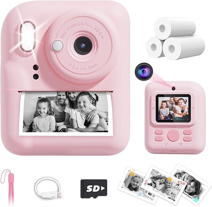 JOYJAM Kids Camera Instant Print, Upgrade Dual-Lens Selfie Digital Camera for Kids, HD 1080P, Christmas Birthday Gifts Toys for Girls Age 3-12, Toddler Portable Toy with SD Card 3 Rolls Print Paper-BubblyBeeBaby
