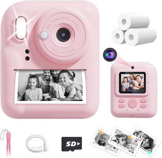 JOYJAM Kids Camera Instant Print, Upgrade Dual-Lens Selfie Digital Camera for Kids, HD 1080P, Christmas Birthday Gifts Toys for Girls Age 3-12, Toddler Portable Toy with SD Card 3 Rolls Print Paper-BubblyBeeBaby